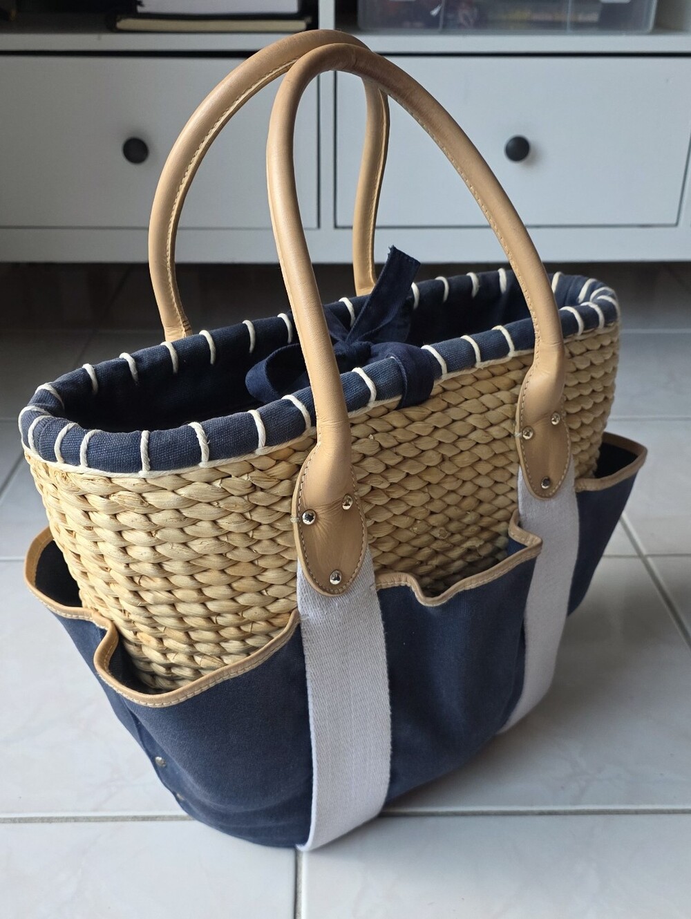 Lauren Ralph Lauren Straw Basket Tote Navy Canvas Leather Trim Coastal Beach Bag - Picture 5 of 14